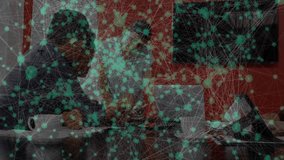 Team collaborating in business technology meeting with laptops, showing animated green node network. Collaboration, teamwork, communication, innovation, digital, modernity, professionalism - Powered by Shutterstock - Get 15% off with code: PIKWIZARD15