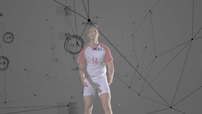 Male athlete tracking ball, jumping, heading, kicking with sports HUD overlaying body for analysis. Soccer, player, motion, dynamic, backdrop, overlay, futuristic