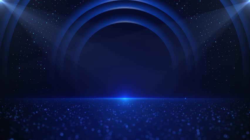 Elegant dark stage background with blue glitter, spotlight beams, and abstract curved arches. Perfect for awards, ceremonies, product showcases, or luxury-themed presentations.