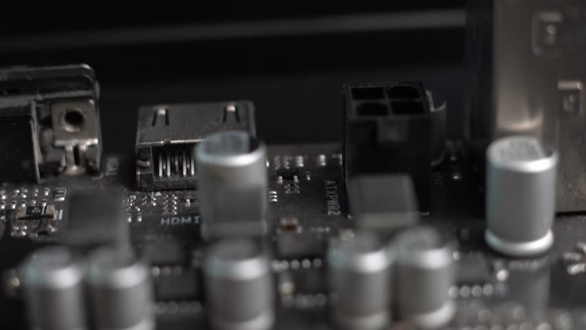 Old Computer Motherboard From Workstation, Macro Close Up of Electronic Components