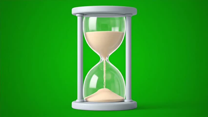 Hourglass with flowing sand looping continuously on chroma green screen for time management, waiting, deadlines, and countdown visuals.