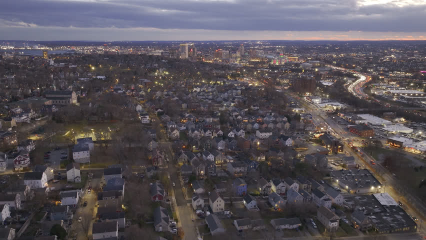Aerial view of Providence, Rhode Island at dusk