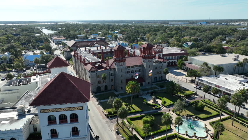 Panning drone clip showcasing the Lightner Museum in downtown St. Augustine, Florida.