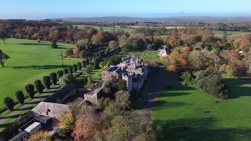 Ardgillan Castle building and gardens, Morning light. Skerries, Ireland. Drone scenic