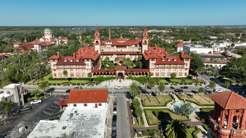Establishing drone shot of Flagler College in downtown St. Augustine, Florida.