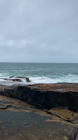 Moody Coastal Maine With Swells Pouring Over Coastal Rocks (Acadia National Park, Maine, USA)