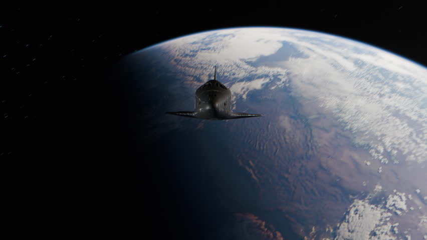 Seamless infinite loop 3D animation of a space shuttle drifting in space with Earth in the background.