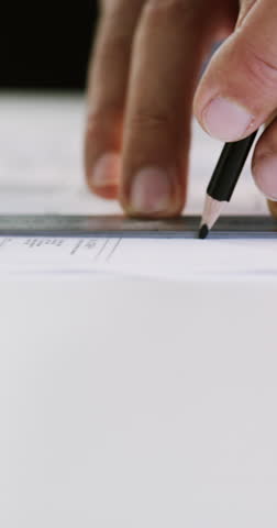 Architect, hands and drawing on paper with pencil, ruler and creativity for blueprint illustration. Person, sketch and measurement on floor plan for building project, engineering process and design.