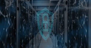 Digital shield and lock icon over data servers in secure server room. Cybersecurity, encryption, data protection, network security, information technology, digital security - Powered by Shutterstock - Get 15% off with code: PIKWIZARD15
