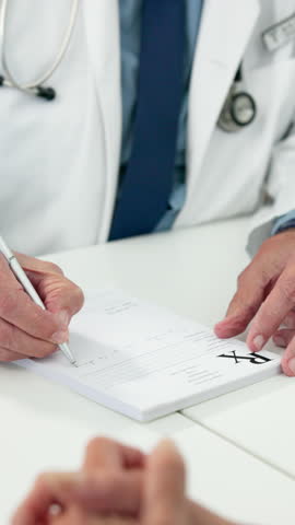 Hands, healthcare and prescription notepad with doctor at desk in hospital for consulting. Appointment, medical and writing with professional person in clinic for patient cure, diagnosis or feedback