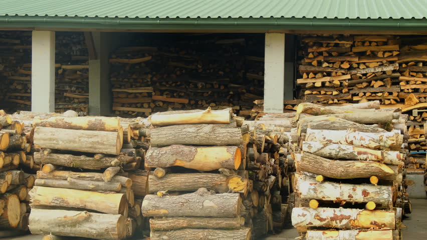 Firewood stacks arranged under canopy at hotel yard. Natural supplies for fireplace burning in apartment during cold season. Wood shed