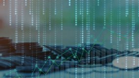 Futuristic digital overlay of binary code and network lines scrolling over blurred coins and pills on a sleek surface - Powered by Shutterstock - Get 15% off with code: PIKWIZARD15