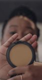 Influencer, brush and face of black woman with cosmetics in home for opinion, how to and tutorial. Content creator, portrait and person with makeup for product review, beauty tips and social media - Powered by Shutterstock - Get 15% off with code: PIKWIZARD15