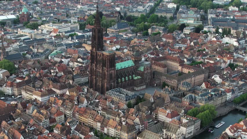Aerial panorama view of the city Strasbourg in France on a sunny afternnon in spring