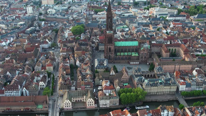Aerial panorama view of the city Strasbourg in France on a sunny afternnon in spring