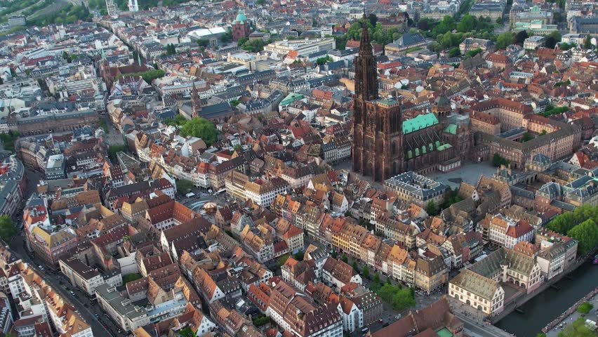 Aerial panorama view of the city Strasbourg in France on a sunny afternnon in spring