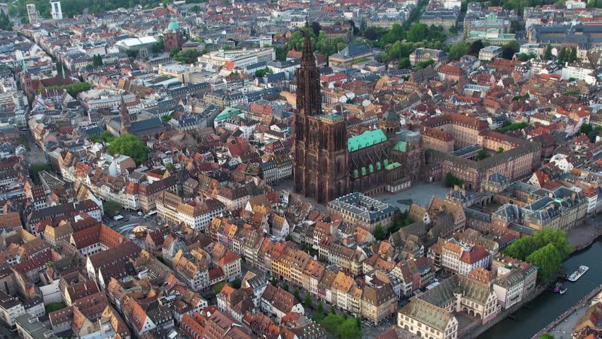 Aerial panorama view of the city Strasbourg in France on a sunny afternnon in spring