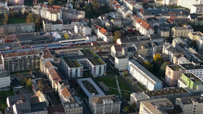 Aerial panorama view around the city Linz in Austria on a sunny autumn afternoon