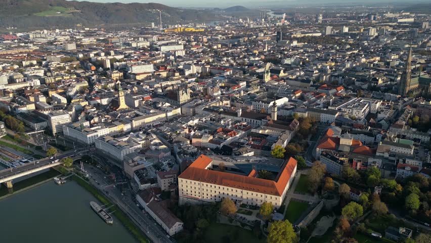 Aerial panorama view around the city Linz in Austria on a sunny autumn afternoon