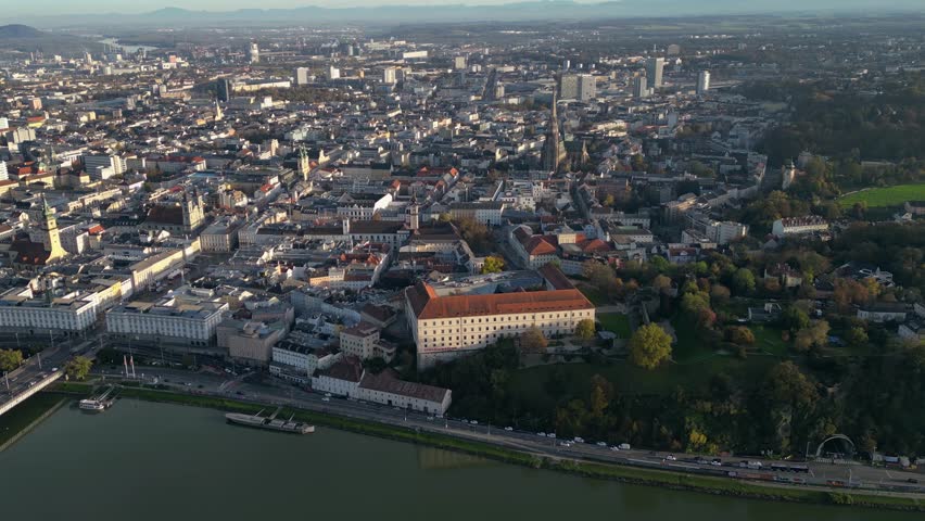 Aerial panorama view around the city Linz in Austria on a sunny autumn afternoon