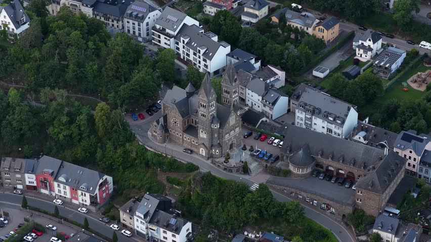 Aerial view of clervaux abbey and sts. Cosmas and damian church in luxembourg