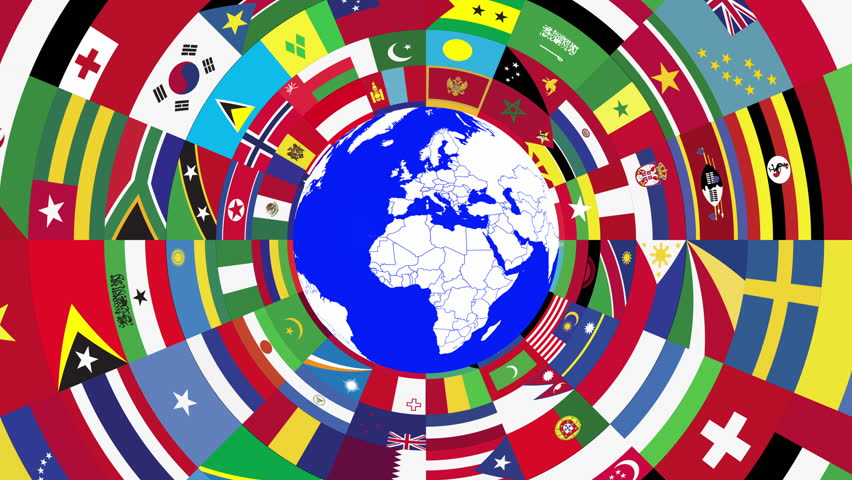2D animation of Earth globe with a ring of flags around