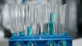 Close up of laboratory workbench filled with colorful chemical solutions in glass flasks and beakers. Empty chemistry workspace prepared for liquid reagent experiments and compound testing - Powered by Shutterstock - Get 15% off with code: PIKWIZARD15
