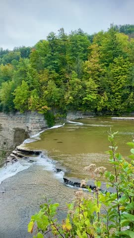 Roaring Waterfall Pouring Into Canyon with Green Hills (Letchworth State Park, Portageville, New York, USA)