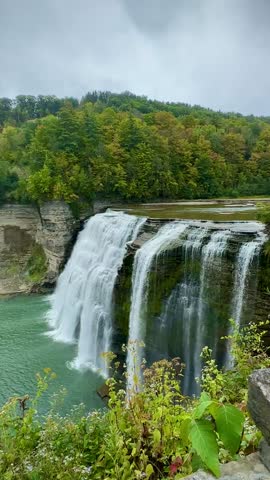 Waterfall With Multiple Cascades Pouring Over a Cliff (Letchworth State Park, Portageville, New York, USA)