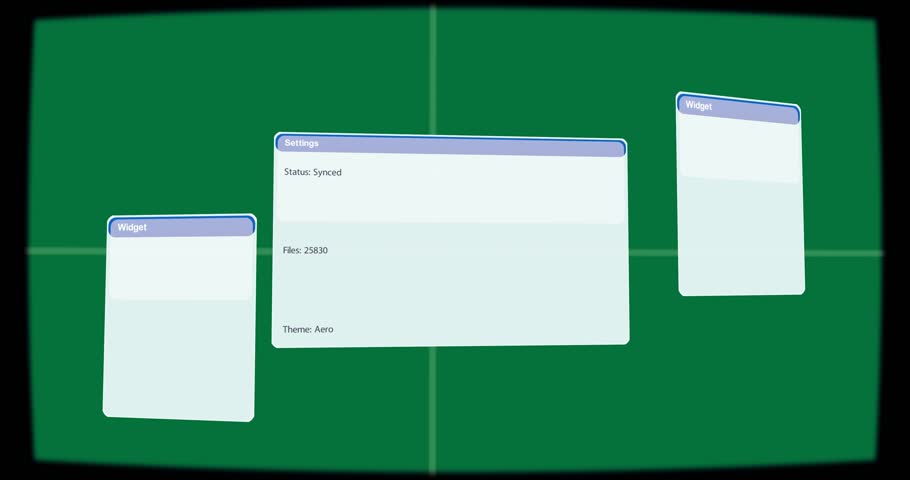 On load Settings showing synced with cyan dot, side widgets drifting, updating % on transparent bg. Ui, dashboard, panel, crosshair, overlay, desktop, layout