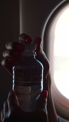 Close-up, dark silhouette of woman opens small plastic water bottle, drinks water against the background of an airplane illuminator.