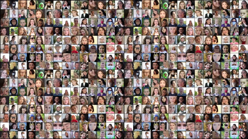Video collage of many diverse multicultural and multiethnic people creating a concept of society.