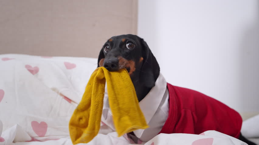 A black and tan dachshund in a red and white suit lies on a bed playing with a yellow sock, notices its owner and quickly spits it out of its mouth.