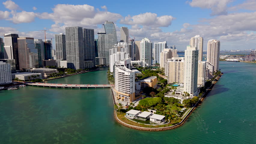 Aerial view Brickell Key and Downtown Miami bayfront scene