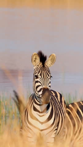 Zebra moving through long grass with water in the background, tail swishing calmly