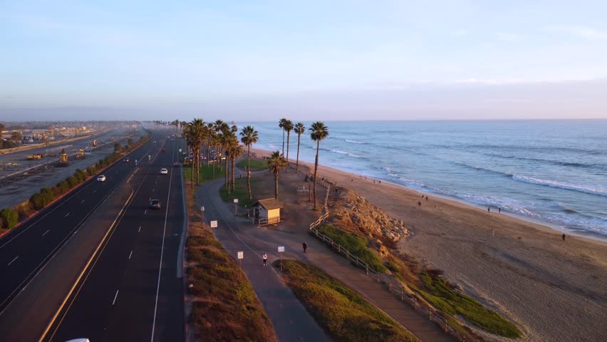 Road Tripping on Pacific Coast Highway. Cars Drive by Tropical Palm Tree at Sunset. Warm golden hour light and calm Ocean waves. Highway 1, Huntington Beach, Orange County, California