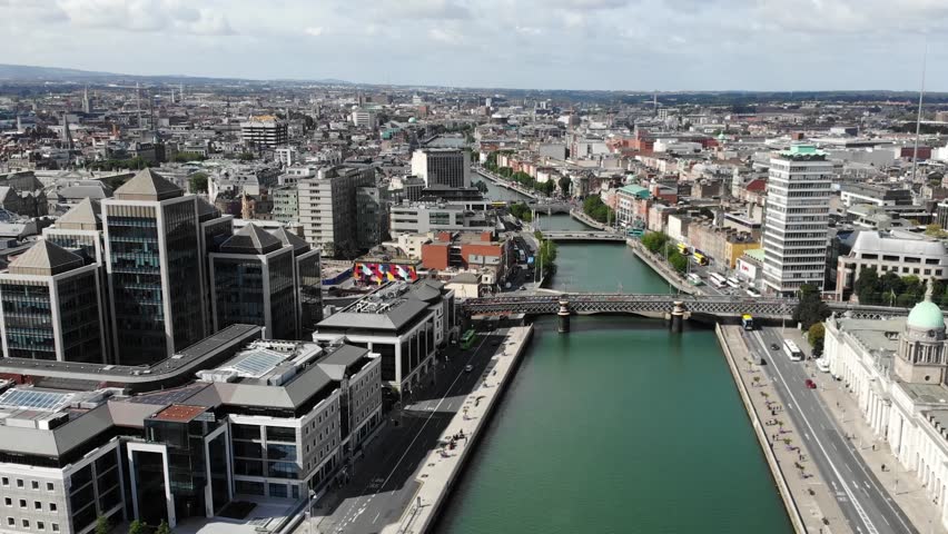 1GQ iconic office corporate building. Georges Quay, River Liffey. Dublin Drone Cityscape
