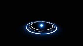 Sci-fi holographic circular interface with a bright blue glowing core and white segmented rings, floating in darkness with a subtle perspective tilt - Powered by Shutterstock - Get 15% off with code: PIKWIZARD15