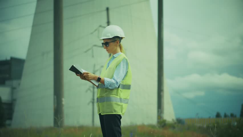 Inspector Working At Industrial Energy Station Or Nuclear Facility. Power Generation Technology. Power Plant Cooling Tower. Thermal Power Station. Successful Career In Heavy Industry. Energy Sector