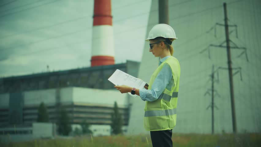 Inspector Working At Industrial Energy Station Or Nuclear Facility. Power Generation Technology. Power Plant Cooling Tower. Thermal Power Station. Successful Career In Heavy Industry. Energy Sector
