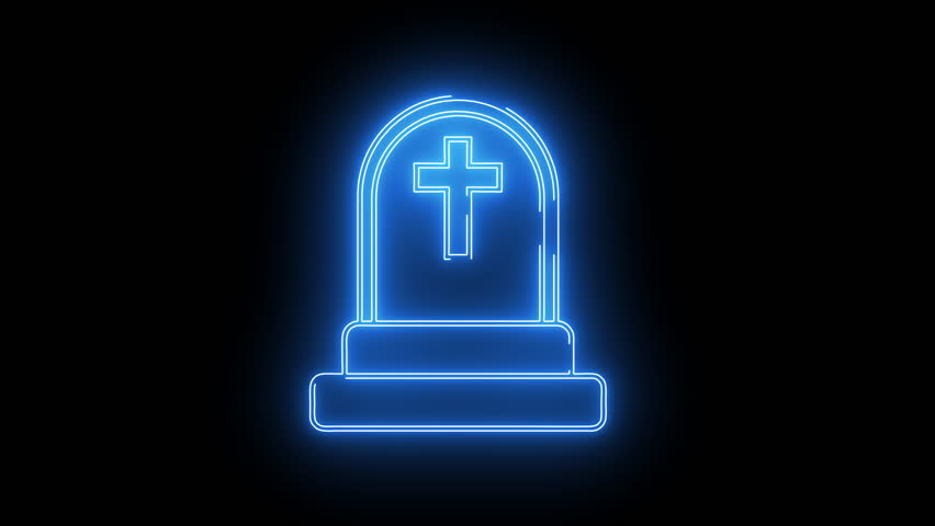 A blue neon tombstone is outlined on black A cross is etched into its face