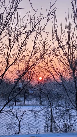 A serene winter sunset with the sun setting low on the horizon, casting warm orange and pink hues across a snow-covered landscape. Bare tree branches frame the scene, with a chain-link fence in the fo