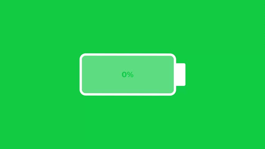 Battery Charge Animation On Green Screen Background Video. Animation Of White Battery Charging Level Indicator With Percentage Number. Battery Icon Charge Indicator Animation. Battery Animation