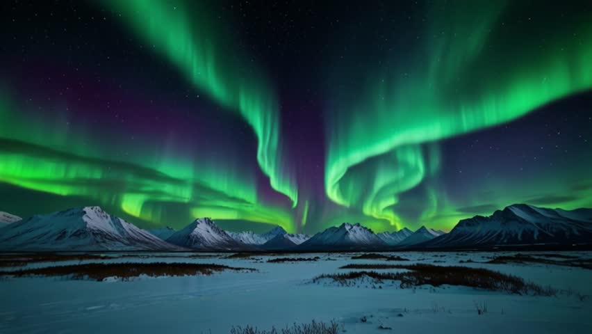 A timelapse video showing the natural phenomenon of Aurora Borealis or Northern Lights with neon green colors dancing across the starry night sky.