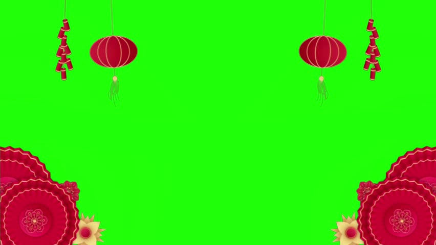 Traditional Chinese New Year celebration background on a green screen, featuring hanging red lanterns, decorative firecrackers, and blooming floral paper-cut patterns for festive VFX compositing.