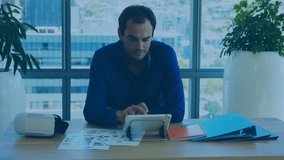 Animation of people icons over caucasian businessman using tablet. Global business and digital interface concept digitally generated video. - Powered by Shutterstock - Get 15% off with code: PIKWIZARD15