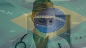 Animation of flag of brazil and data processing over caucasian female doctor. Global medicine, computing and digital interface concept digitally generated video. - Powered by Shutterstock - Get 15% off with code: PIKWIZARD15