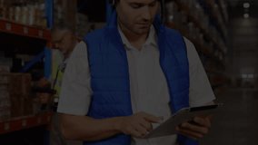 Animation of financial data processing over caucasian man working in warehouse. Global shipping, business, finance, computing and data processing concept digitally generated video. - Powered by Shutterstock - Get 15% off with code: PIKWIZARD15