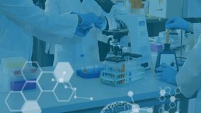 Animation of scientific data processing over diverse scientists in laboratory. Global science, connections, computing and data processing concept digitally generated video. - Powered by Shutterstock - Get 15% off with code: PIKWIZARD15