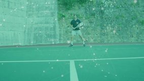 Male tennis player swinging racket on hardcourt, showing technology data overlay and network dots. Athlete, sports, recreation, equipment, landscape, digital, fitness - Powered by Shutterstock - Get 15% off with code: PIKWIZARD15